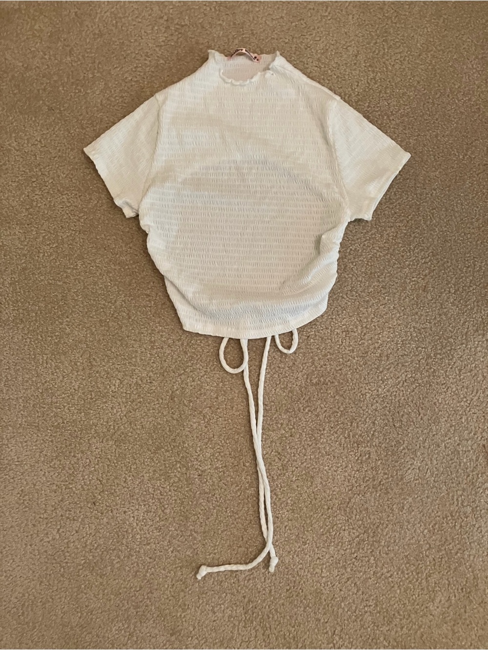 White Textured Short Sleeve Drawstring Top
